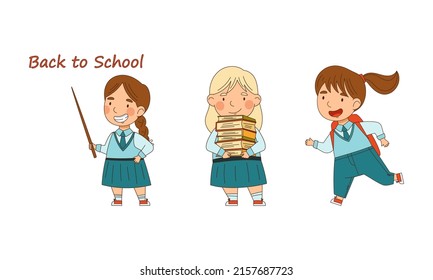 Back to school. Cute schoolgirls in blue uniform going to school cartoon vector illustration