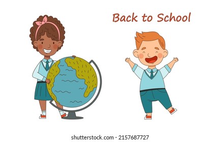 Back to school. Cute schoolkids in blue uniform going to school cartoon vector illustration