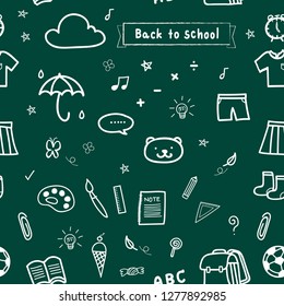 Back to school, cute stationery doodle style icon set for kids represent simple hand drawing on a chalkboard.