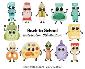 Back to School Cute Stationery Watercolor Illustration - Adorable Supplies Including Pencils, Books, Rulers, Paint Palettes, and More for Educational and Creative Design Projects