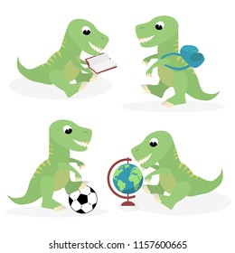 Back to the school cute  student trex dinosaur vector illustration with school activities like reading, studying, walking to the school with backpack, playing football