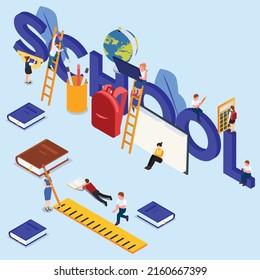 Back to school. Cute students and education icons isometric 3d vector illustration concept for banner, website, illustration, landing page, flyer, etc.