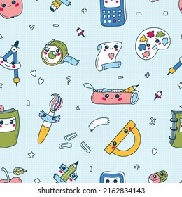 Back to School. Cute School Supplies Seamless Pattern. Happy Education Characters. Funny Background for Kids. Vector illustration. Kawaii Style