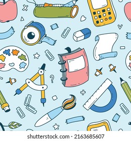 Back to School. Cute School Supplies Seamless Pattern. Colorful Background for Kids with Education Elements. Vector illustration.