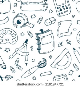 Back to School. Cute School Supplies Seamless Pattern. Vector Background for Kids with Education Elements. 