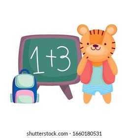 back to school, cute tiger with backpack and chalkboard cartoon vector illustration