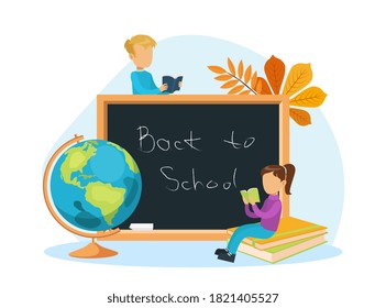 Back to School, Cute Tiny School Children Reading Books at Blackboard Cartoon Vector Illustration