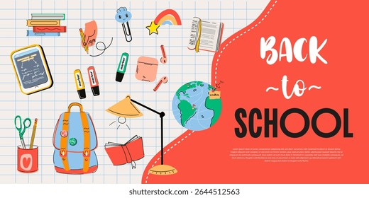 Back to School Banner– Cute Vector Education and Learning Concept.Includes backpacks, notebooks, highlighters, laptops, globe, online learning, and diverse children. Great for educational materials.