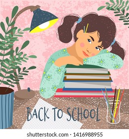 Back to school. Cute vector illustration of a sitting over the books student. Girl, books, notebook, flowers and desk lamp on a table.