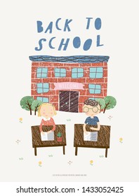 Back to school! Cute vector illustration for poster, banner or card, freehand drawing of school and schoolchildren sitting at a desk behind the lessons. Welcome to study.
