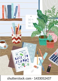 Back to school Cute vector illustration for poster, background, banner or card, freehand drawing of the schoolboy's desk with lessons, textbooks, stationery, calculator and notebook.Welcome to study.
