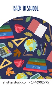 Back to school. Cute vector illustration for poster, background, banner or card, freehand drawing with stationery, books and other