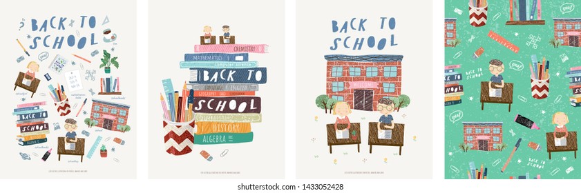 Back to school! Cute vector illustrations for a poster, banner or card with objects: school, schoolchildren at their desks, stationery, books, children, pen, ruler, marker, eraser and seamless pattern