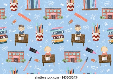Back to school! Cute vector pattern for a background of freehand school drawings, schoolchildren's desk with lessons, textbooks, stationery, pen, children, girl and boy. Welcome to study.
