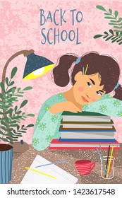 Back to school. Cute vertical vector illustration of a sitting over the books student. Girl, books, notebook, flowers and desk lamp on a table.