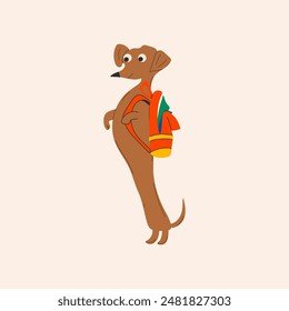 Back to school. Dachshund dog ready for school with school stationery. Funny cartoon character. 