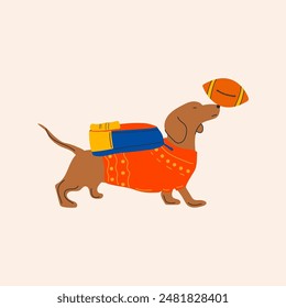 Back to school. Dachshund dog ready for school with school stationery. Funny cartoon character. 