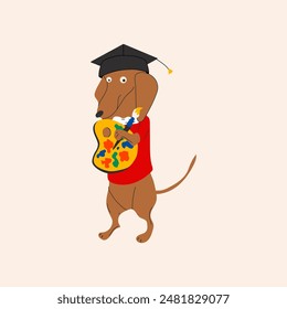 Back to school. Dachshund dog ready for school with school stationery. Funny cartoon character. 