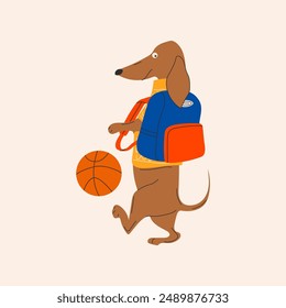 Back to school. Dachshund dog ready for school with school stationery. Funny cartoon character.