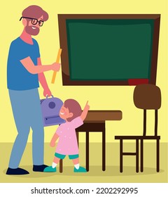 back to school, dad and son in classroom
