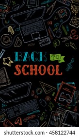 Back to School dark background. Doodle linear stationery, gadgets and school subjects on black background. Books, coloured pencils and brushes, laptop, clips, scissors and others. Vector illustration.