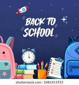 back to school with a dark blue color. background with school bags, stationery and flying rocket