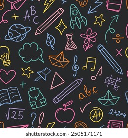 Regreso a la escuela patrón de doodle de tablero de tiza oscura, baldosa de repetición sin costuras