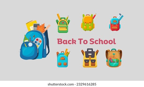 Back to school day with light colored background. 3d colorful kids school bags. 