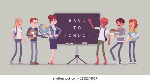 Back to school day. Students and teacher stands at blackboard. University, college pupils happy to start a year. Professional education and learning concept. Vector flat style cartoon illustration