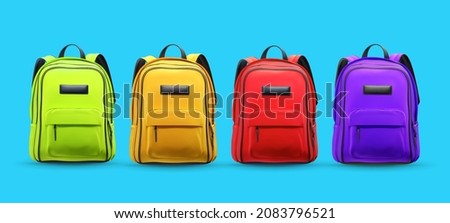 Back to school decoration with bright colorful school bags isolated on blue background. Vector 3d illustration with orange, green, purple and red backpacks. Educational banner design