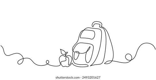 Back to school decoration. Continuous one line drawing of apple and backpack. vector design on white background. Hand drawn graphic concept for education.