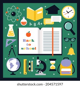 Back to school decorative icons set education elements and notepad isolated vector illustration.