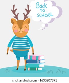 back to school deer with clothes and stack of books vector illustration