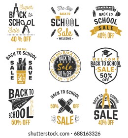 Back to School design. For advertising, promotion, poster, flier, blog, article, social media, marketing or banner. Vector illustration. Badges with school supplies and Back to School Sale text.