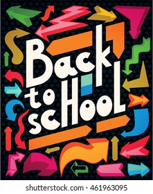 Back to school design with arrows on black in polka dot background. Education colorful background. Vector illustration.
