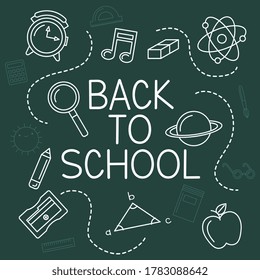 banner de diseño de la escuela con iconos escolares sobre pizarra. ilustración vectorial