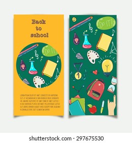 Back to school design banners using school office supplies doodle