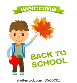 Back to school design. boy with Apple and maple leaves - Vector illustration