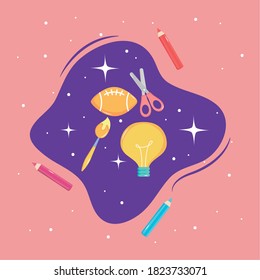 back to school design with bulb light, paint brush and related icons around over purple and pink background, vector illustration