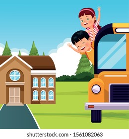 back to school design with school bus with happy kids going out for the windows, colorful design , vector illustration