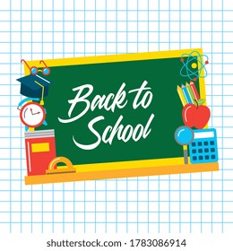 de vuelta al diseño escolar con pizarra inclinada entre los íconos de la escuela sobre papel a cuadros. ilustración vectorial
