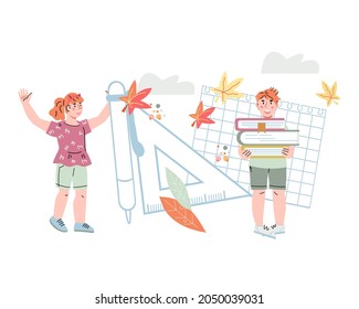 Back to school design with school children against backdrop of school supplies and stationery.  Schooling, learning  and kids education, flat cartoon vector illustration isolated on white background.