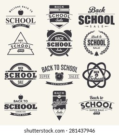 Back to School Design Collection. A Set of Twelve Dark Colored Vintage Style Back to School Designs on Light Background