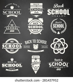 Back to School Design Collection. A Set of Twelve Vintage Style Back to School Designs on Black Chalkboard Background