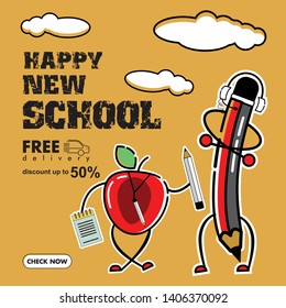 Back to school design with colorful funny school characters education items and cute cartoon illustration on a background - Vector