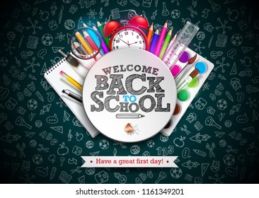 Back to school design with colorful pencil, typography lettering and other school items on dark chalkboard background. Vector School illustration with hand drawn doodles for greeting card, banner