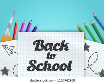 Back to school. design with colorful pencils on notebook paper. light and shadows. Vector