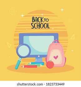 back to school design with computer, school backpack and colored pencils over yellow background vector illustration