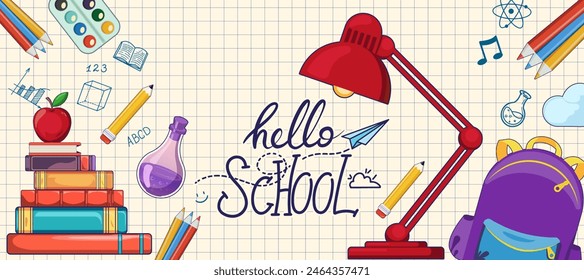 Back to school design concept with popular school supplies levitating above backpack, hand drawn doodles on background of a checkered paper. Greeting text Back to School lettering vector illustration.