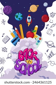 Back to school design concept with popular school supplies levitating above backpack, hand drawn doodles on background of a checkered paper. Greeting text Back to School lettering vector illustration.